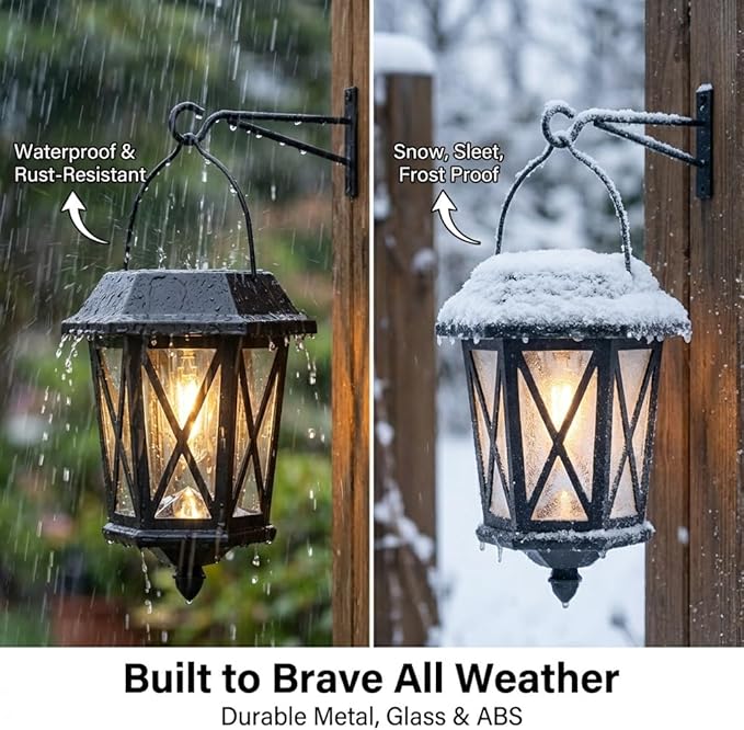Solar Lanterns Outdoor Waterproof, Hanging Solar Lights with Glass Shade - 2 Pack LED Metal Wall Mount Outdoor Light for Yard/Garden/Patio - Black