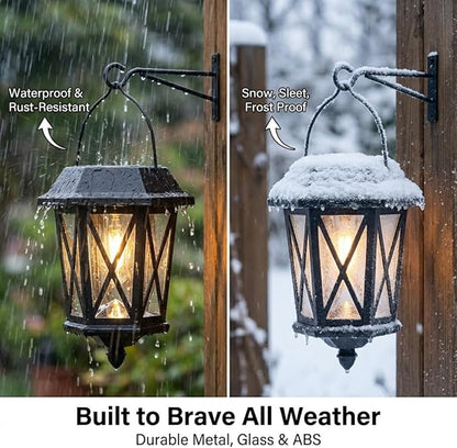 Solar Lanterns Outdoor Waterproof, Hanging Solar Lights with Glass Shade - 2 Pack LED Metal Wall Mount Outdoor Light for Yard/Garden/Patio - Black