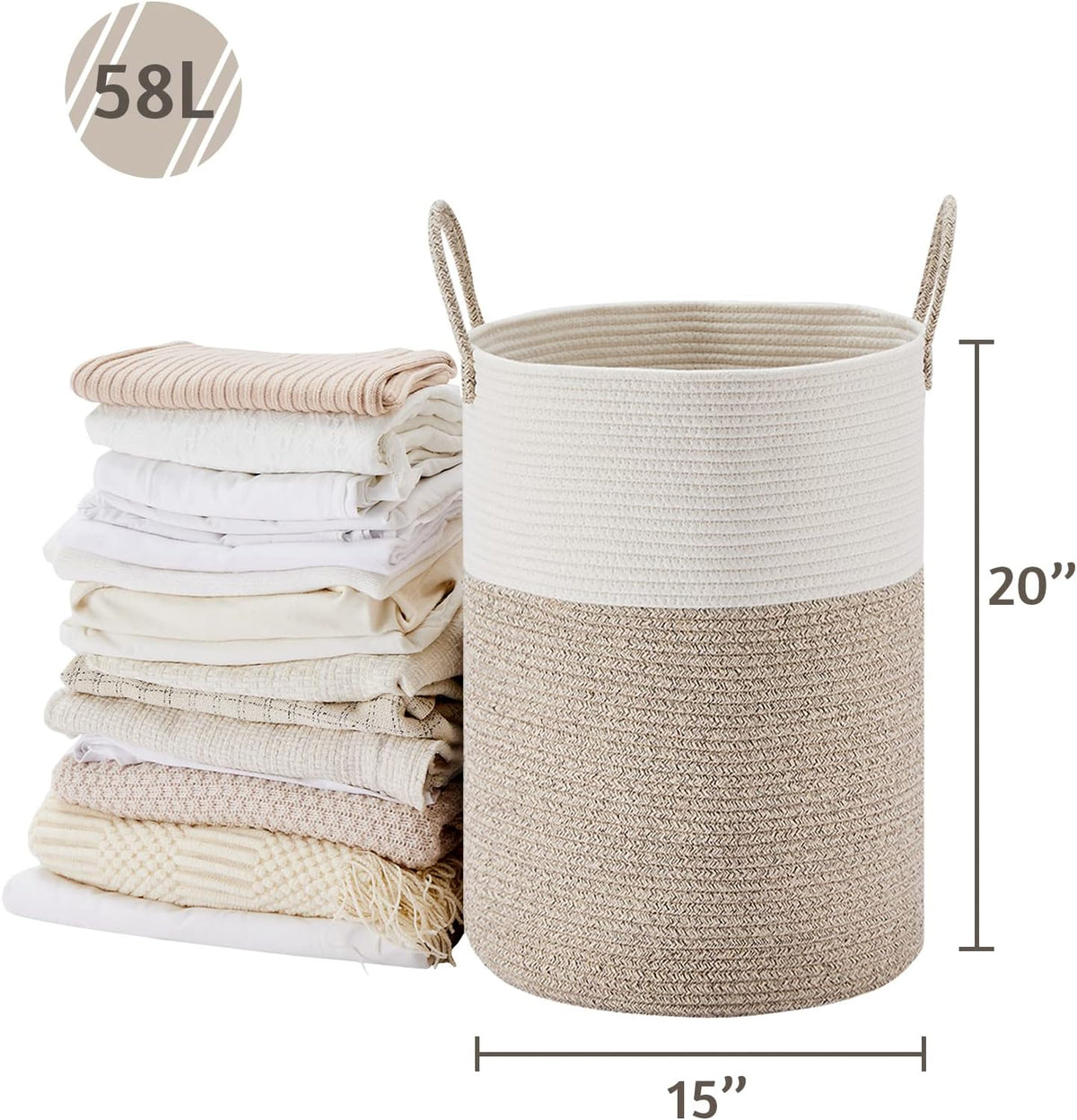 VIPOSCO Large Laundry Hamper, Tall Woven Rope Storage Basket for Blanket, Toys, Dirty Clothes in Living Room, Bathroom, Bedroom - 58L White & Brown