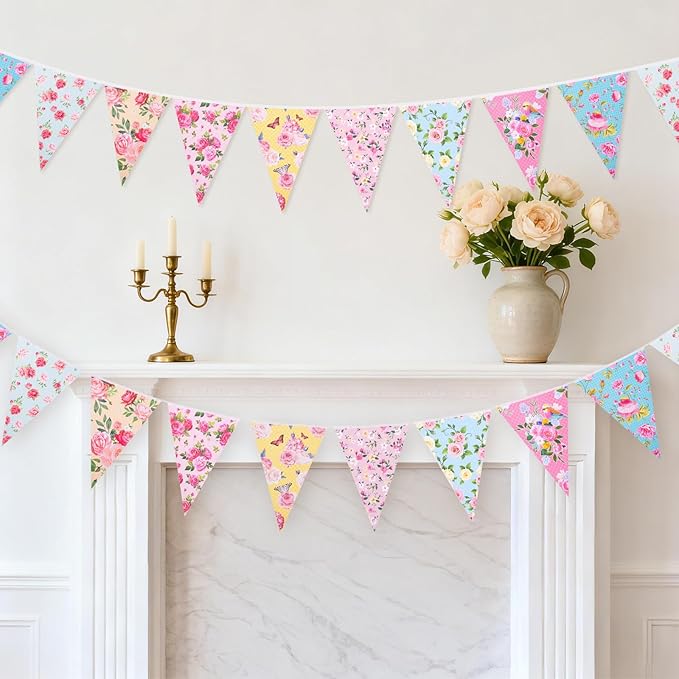 jijAcraft 4 Pack Tea Floral Party Bunting Banners - Pre-Strung Vintage Floral Triangle Pennant Banner, Wildflower Garland Tea Party Decorations for Spring Party Baby Shower Bridal Shower Mother's Day