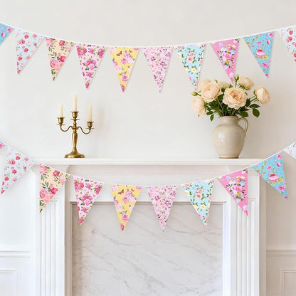 jijAcraft 4 Pack Tea Floral Party Bunting Banners - Pre-Strung Vintage Floral Triangle Pennant Banner, Wildflower Garland Tea Party Decorations for Spring Party Baby Shower Bridal Shower Mother's Day