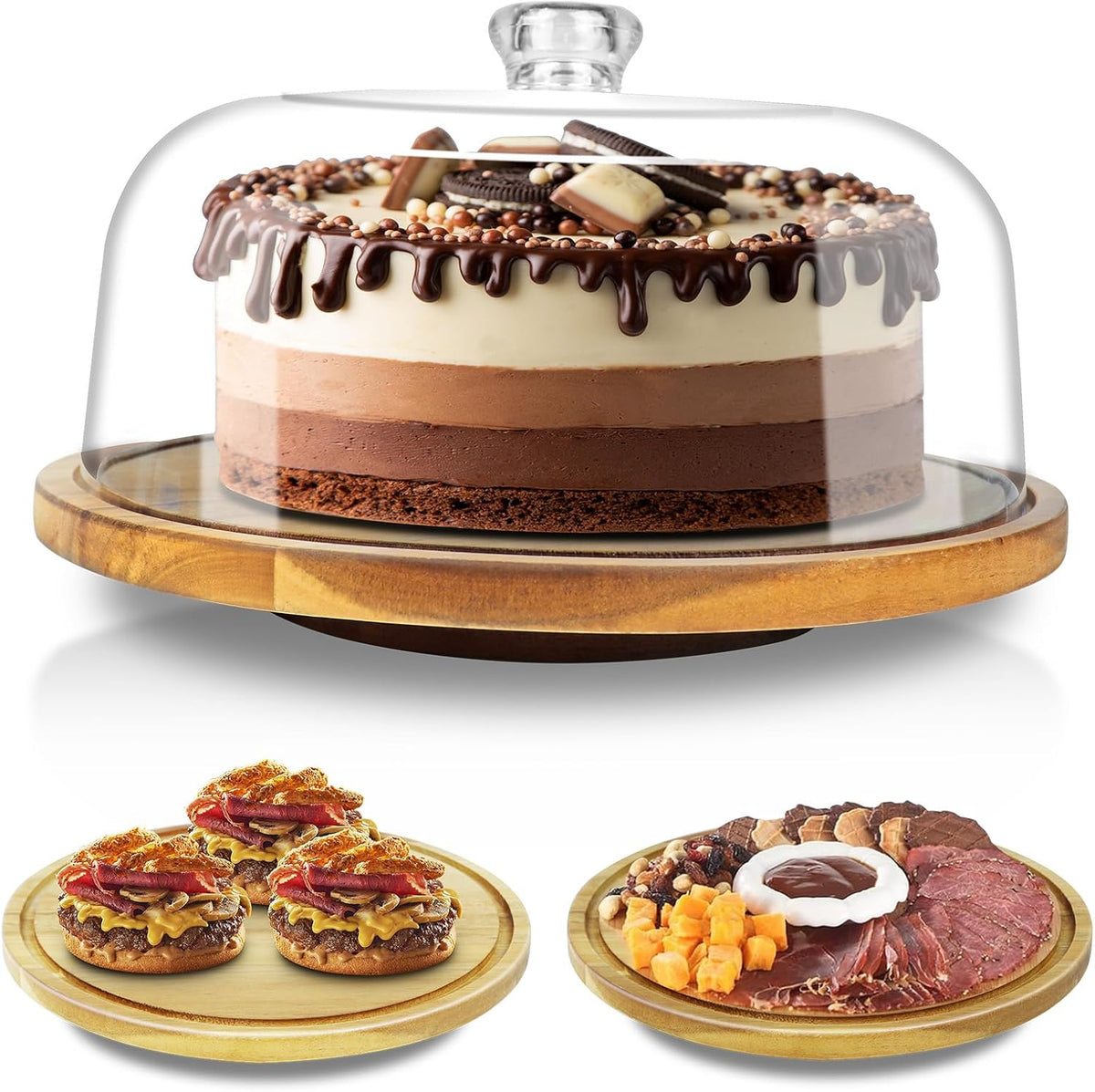 cutesun Wood Cake Stand with Lid, 12in Acacia Wood Cake Plate with Cover, Wooden Cake Display Stand with Acrylic Dome, Cake Holder Tray for Wedding Gift，Kitchen,Birthday,Parties,Baking Gifts