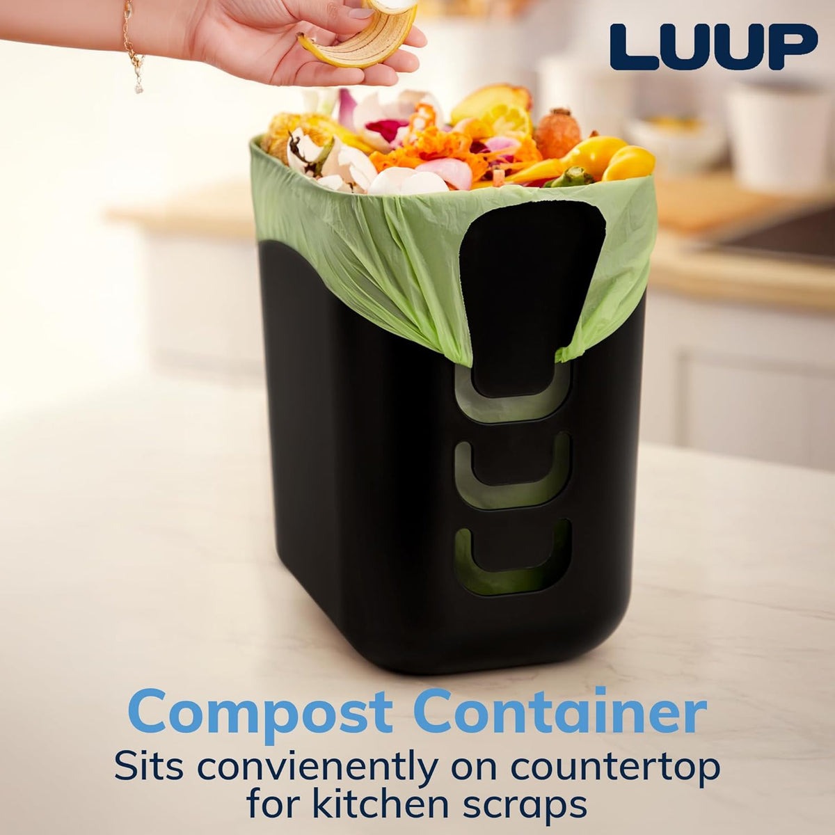 STORi Luup Bathroom Wastebasket, Secure Grocery Bags, Plastic Garbage Container for Vanity, Laundry Room, Kitchen, Office, 2.5 Gallon, Black, Made in USA