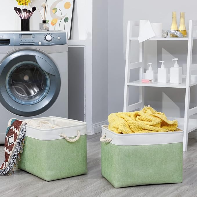 Bidtakay Baskets Fabric Closet Organizer Set of 2 Green Collapsible Storage Bins with Handles 16x12x12 in Large Decorative Tall Baskets for Shelves Nursery Baby Toys Storage Living Room Decor