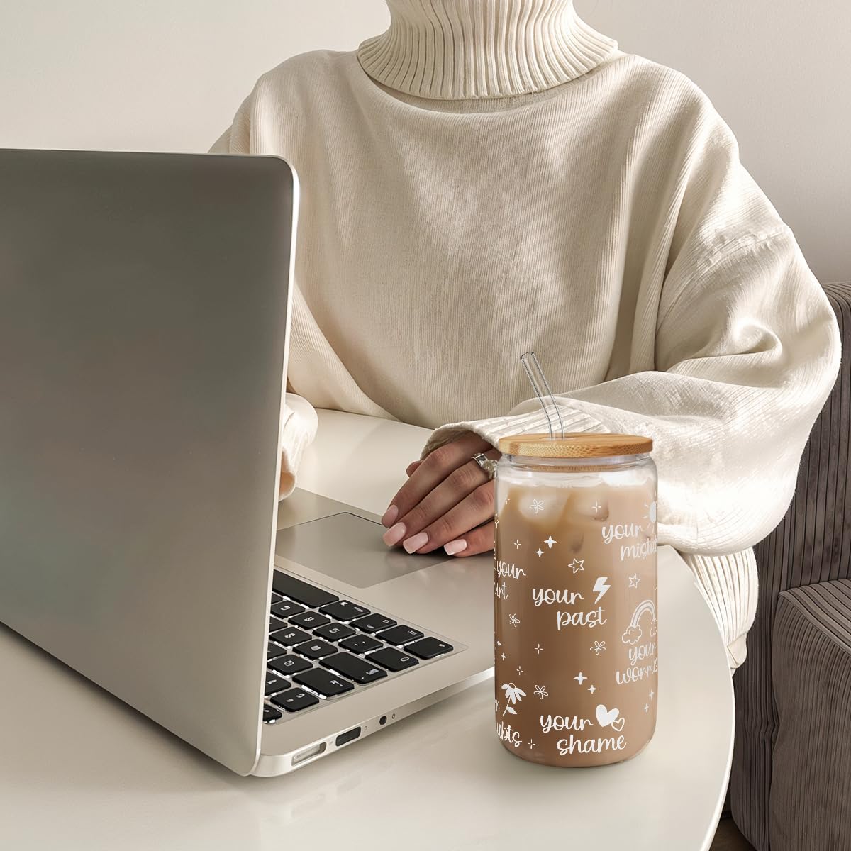 Christian Inspiration16oz Can Glass Tumbler with Bamboo Lid & Straw, Inspirarional Iced Coffee Cup for Women Girls