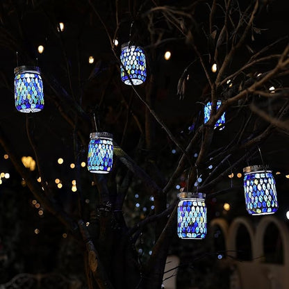 Cooo Mosaic Lanterns Outdoor Waterproof with 215% Larger Solar Panel, Never Rust Lids, True Capacity Battery- Solar Mason Mosaics Jar Lantern for Patio Garden Yard Balcony Hanging or Table (6)