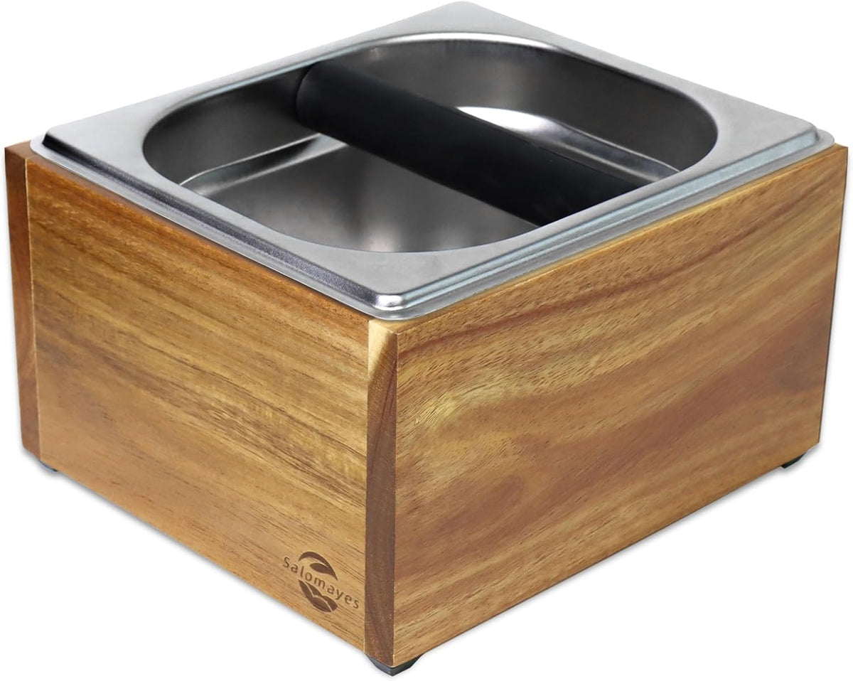 Acacia Wood Espresso Knock Box, Large Capacity with Stainless Steel Interior, Silicone Knock Bar, Anti-Slip Base
