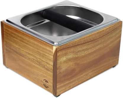 Acacia Wood Espresso Knock Box, Large Capacity with Stainless Steel Interior, Silicone Knock Bar, Anti-Slip Base