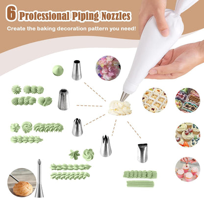 9-Piece Reusable Piping Bags and Tips Set- Cotton Baking Kit with Coupler, Stainless Steel Nozzles & Cleaner for Cakes/Cupcakes/Cookies Decorating