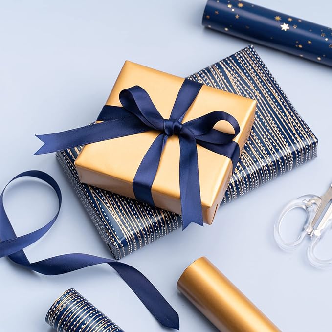WRAPAHOLIC Wrapping Paper Roll - Mini Roll - 3 Rolls - 17 Inch X 120 Inch Per Roll - Navy and Gold Star/Stripe/Gold Pearlized Print for Birthday, Father's Day, Holiday, Party
