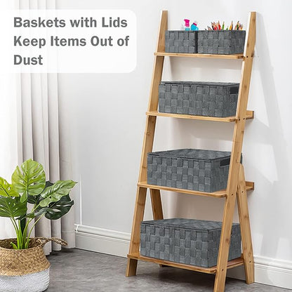 Uvellgift Storage Bins with Lids, Woven Storage Box Organizer Containers Decorative Baskets Cube for Clothes Bedroom Closet Office (5 Pack, Grey)