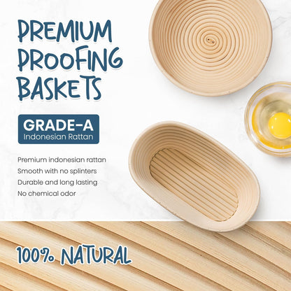 Rorecay Bread Banneton Proofing Basket Set, 9 Inch Round & 10 Inch Oval Cane Sourdough Baskets with Dough Whisk Bread Lame Dough Scraper Bowl Scraper