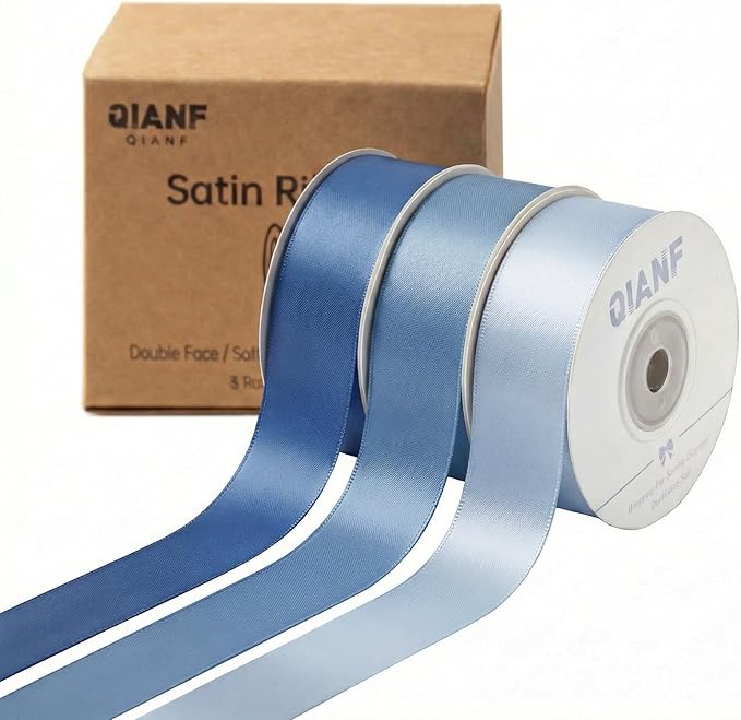 QIANF 1 Inch French Blue Double Face Satin Ribbon 45 Yards Light Blue Fabric Ribbon for Gift Wrapping, Flower Bouquets, Hair Bows, Wedding Decoration, Invitation Cards, Christmas (3 Rolls *15Yd)