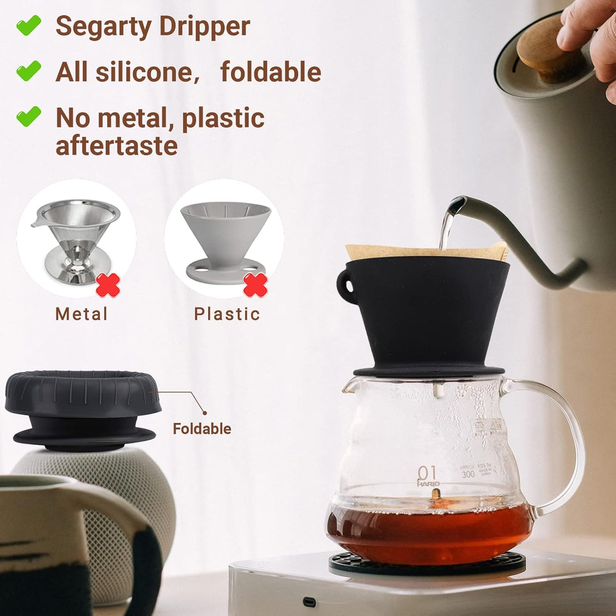 Segarty Silicone Pour Over Coffee Dripper, Black Collapsible Coffee Maker Single Cup with Storage Pouch