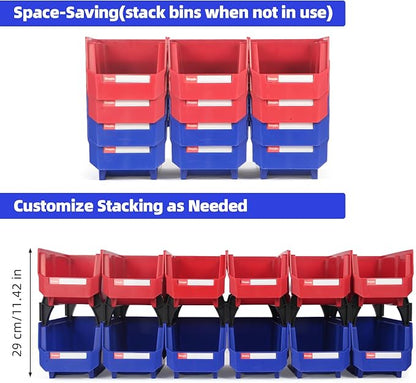 Stackable Storage Bins 12 Pack (11x5x5 Inch), Plastic Stackable Storage Organizer Bins Wall Mounted Hanging Samll Parts Bin for Garage, Workbench & Office (Blue & Red)