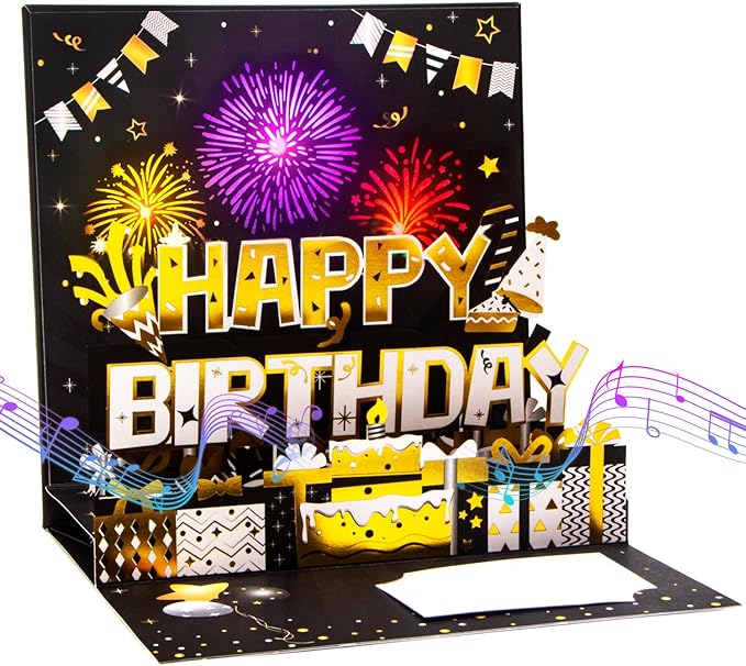 Ribbli Fireworks Musical Birthday Card and Iridescent Birthday Wrapping Paper