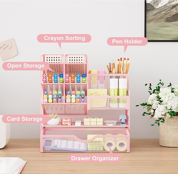 Marbrasse Mesh Desk Organizer with Drawer, Multi-Functional Pencil Organizer, 12 Compartments, Pink, Modern, Minimalist