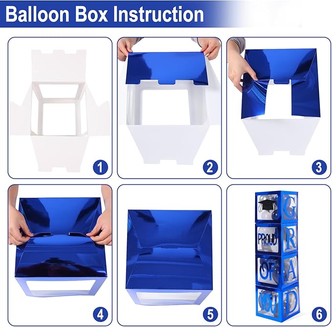 Graduation Decorations 2026, Navy Blue Graduation Decorations Transparent Balloon Boxes with Letters of GRAD, PROUD OF YOU,Class of 2026, Blue Silver Balloons Arch for High School College Grad Party