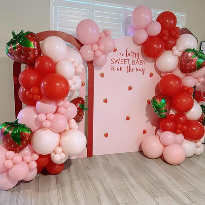Strawberry Balloons Garland Arch Kit 163pcs with 27" Strawberry Foil Balloons, Red and Pink white Balloons for Sweet Girl Berry First Birthday Themed Baby Shower Strawberry Party Decorations