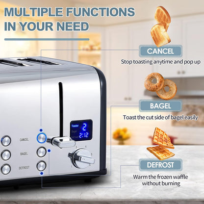 CUSIMAX 4 Slice Toaster, Stainless Steel, Ultra-Clear LED Display & Extra Wide Slots, with Dual Control Panels of 6 Shade Settings, Cancel/Bagel/Defrost Function, Removable Crumb Trays, Black