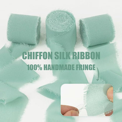 Dusty Green Chiffon Ribbon 1-1/2 Inch x 21Yards Handmade Fringe Silk Boho Frayed for Gift Wrapping, Wedding Invitation, Bridal Flower Bouquets