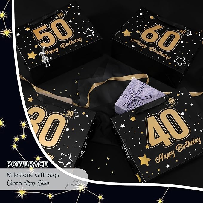 Powbrace 13" Black 30th Birthday Gift Bag with Tissue Paper and Greeting Card for Party,Happy Birthday Gift Bag for Men Women,Gift Bags Medium size(1 Black 30th)