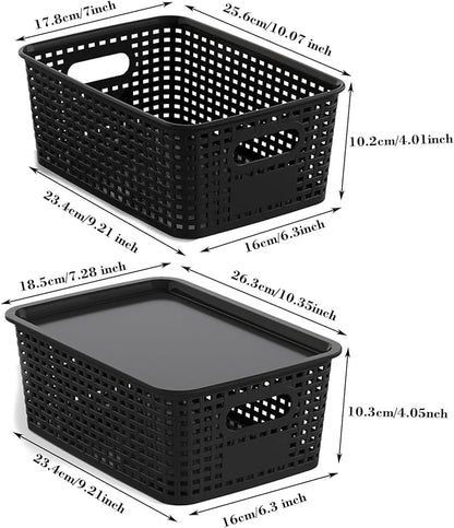 ORGIDOL Plastic Storage Basket with Lids 12 Pack Stackable Black Storage Bins Containers with Lid, Decorative Storage Boxes for Organizing Shelves, Drawers, Playroom, Classroom, Office, Closet