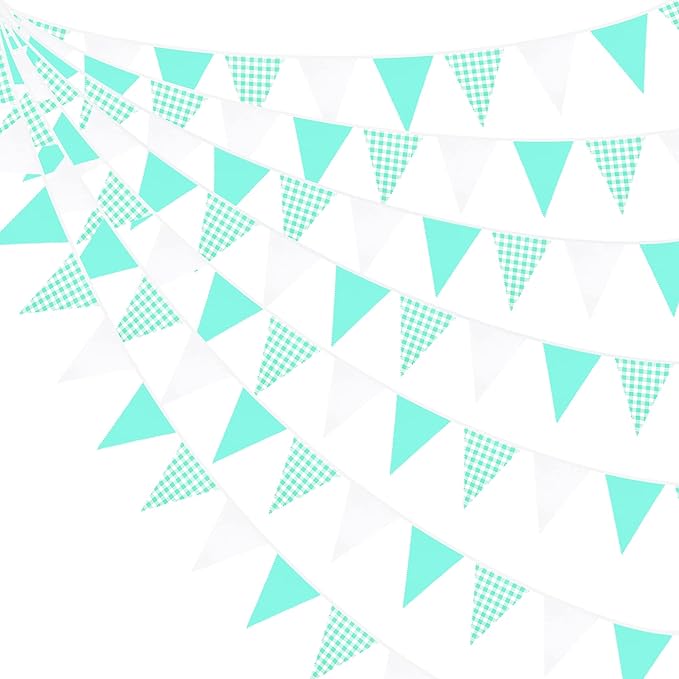 32Ft Aqua Green Plaid Checkered Party Banners Gingham Triangle Pennant Flag Bunting Fabric Garland Streamers for Wedding Birthday Picnic BBQ Bridal Baby Shower Outdoor Garden Festivals Decoration