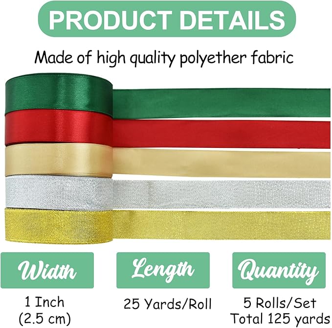 TONIFUL 5 Colors Christmas Ribbon 1 Inch x 125 yds Solid Glitter Satin Ribbon Set for Crafts Gifts Wrapping Ornaments Hanging Christmas Tree Decorations