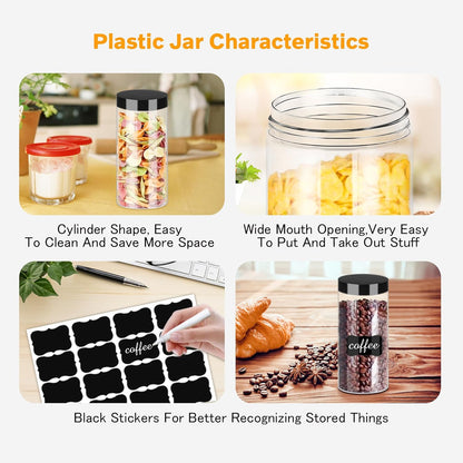 Plastic Jars with Lids 16OZ 16PCS Small Empty Slime Cosmetics Containers Clear Gift Food Jars Round PET Cream Jars with Black Lids Pen Labels for