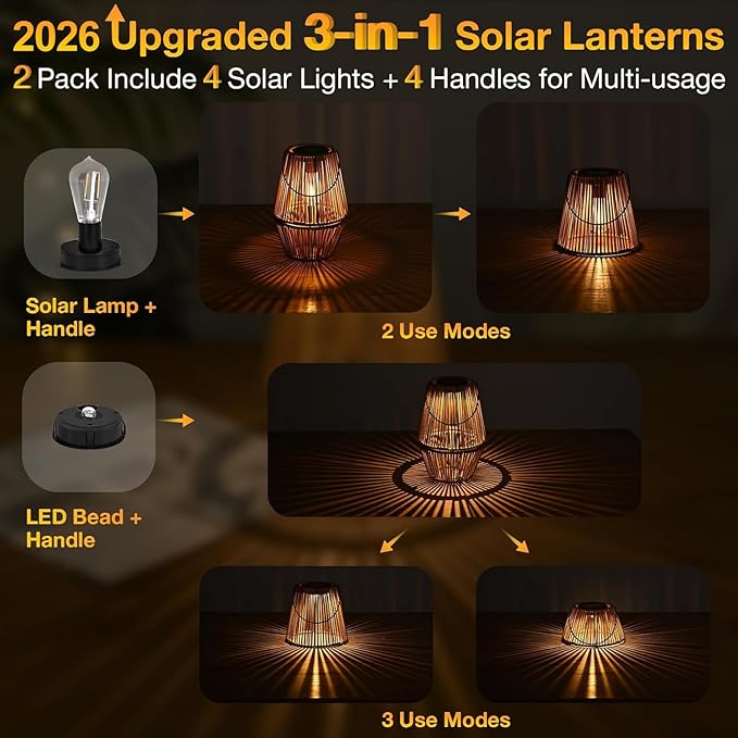 Uspring 3-in-1 Solar Lanterns Outdoor Waterproof Rattan Woven Hanging Solar Lights for Outside with Bright Lamp & LED Bead & 2 Handles, Garden Gifts Decor for Women Mom Patio Backyard Porch Deck