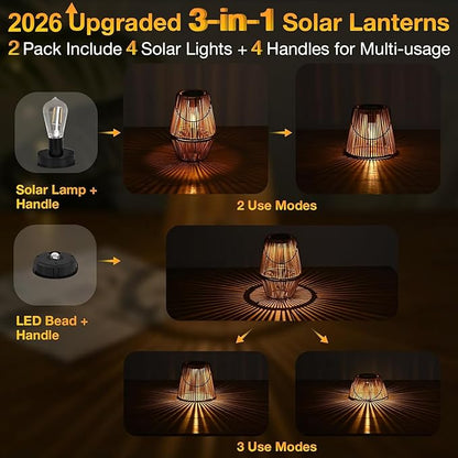 Uspring 3-in-1 Solar Lanterns Outdoor Waterproof Rattan Woven Hanging Solar Lights for Outside with Bright Lamp & LED Bead & 2 Handles, Garden Gifts Decor for Women Mom Patio Backyard Porch Deck