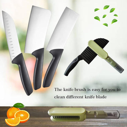 Knife Blade Brush with Long Handle and Lid Integrate Knife Sharpener and Gap Cleaning Brush, Double Side Bristle Scrubber for Kitchen knife Blade Chopsticks Dish Cutlery Fork Spoon's Washing