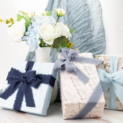 Dark Blue Cotton Ribbon 1 Inch Navy Blue, Dusty Blue & Baby Blue 3 Rolls 21 Yards Frayed Edge Fabric Set for Formal Wedding Decor, Graduation Party, Father's Day, Gift Wrapping & DIY Crafts