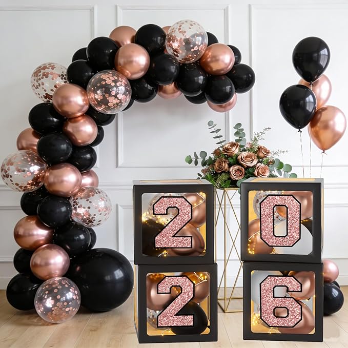 Rose Gold Graduation Decorations 2026, Pink Graduation Decorations Set of 4 Balloons Boxes with Letters 2026 GRAD So Proud of You, Congrats Grad Decorations for High School & College
