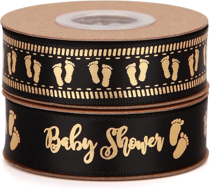 Meseey 20 Yards Baby Ribbon Foot Print Black and Gold Ribbons for Crafts Cake Baby Shower Birthday,Gift Wrapping, Party Decoration (Black)