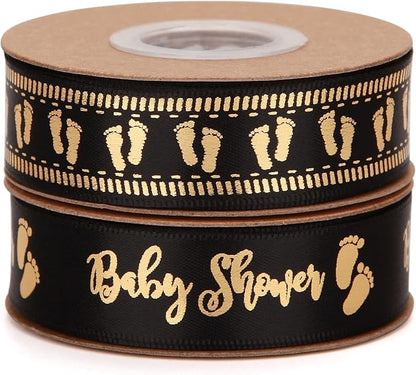 Meseey 20 Yards Baby Ribbon Foot Print Black and Gold Ribbons for Crafts Cake Baby Shower Birthday,Gift Wrapping, Party Decoration (Black)