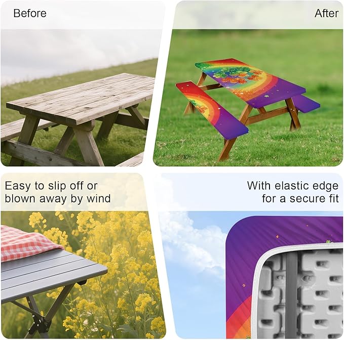 ANNA QUEEN 6FT Rainbow Clover Outdoor St. Patrick's Picnic Table Cover with Bench Covers Picnic Table Cover Set 3PCS 72"x30", Outdoor Bench and Tablecloth Furniture Protection