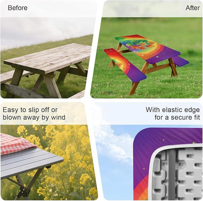 ANNA QUEEN 6FT Rainbow Clover Outdoor St. Patrick's Picnic Table Cover with Bench Covers Picnic Table Cover Set 3PCS 72"x30", Outdoor Bench and Tablecloth Furniture Protection