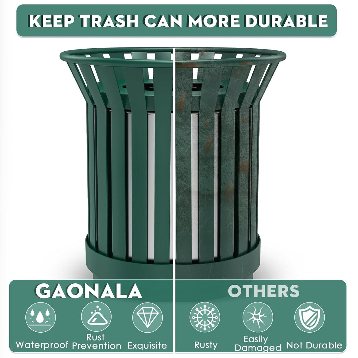 25.2IN Round Large Outdoor Trash Can, Heavy Duty Metal Slatted Garbage Can Outdoor, All Weather Resistant Commercial Garbage Cans, Waste Receptacle in Park, Beach, Patio, Green