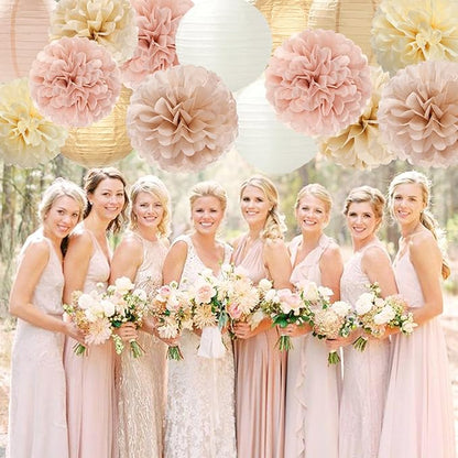 Champagne-Gold White Party-Decorations Paper-Flowers Lanterns - 15PCS Boho Fall Rustic Tissue Pom Poms Streamers,Wedding Baby Bridal Shower Neutral Autumn Birthday Hanging Supplies Decor Hugfond