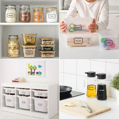 Kitchen Pantry Food Containers Clear Labels with Black Border, 138 Waterproof Removable Write-on Sticker Labels Tags to Organize Spice Jars Condiment