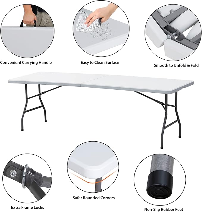 8 FT Folding Table, Fold in Half, Heavy Duty Portable w/Handle Plastic for Picnic Party Camping Dining Indoor Outdoor - Lightweight White