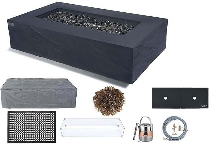 Elementi+ | Bundle Cape Town Gas Fire Pit Cast Concrete 56" Rectangular Fire Table, Outdoor Fire Pit Electronic Ignition | Canvas Cover, Fire Glass and Burner Lid Included | Dark Gray | Natural Gas
