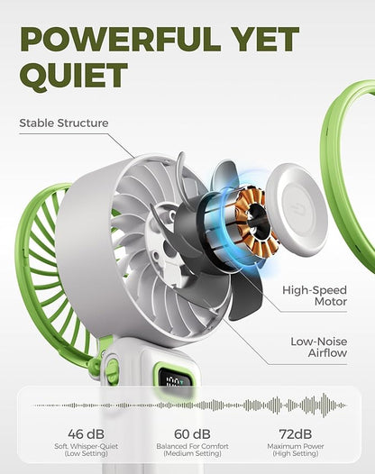 Diveblues Portable Turbo Fan, 7.4m/s High Speed Handheld Fan, 180° Foldable 4-in-1 Personal Neck Fan with Carabiner Clip, 100 Speed Stepless Control, USB-C Rechargeable for Travel, Makeup Hot Flashes