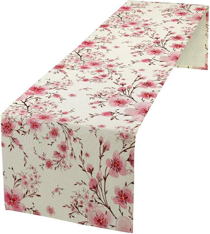 Cherry Flower Table Runner, Seasonal Spring Cherry Blossoms Branches Watercolor Floral Print Table Cover for Kitchen Dining Table Indoor Outdoor Party Decor, 13x36inch
