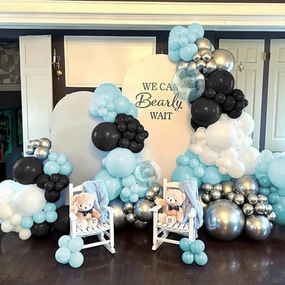 Macaron Blue and Black Balloons Arch Kit & Garland, 151Pcs Light Blue Black Bobo Different Size 18 12 10 5 inch for Boss Baby, Graduation, Birthday, Gaming Party Decorations