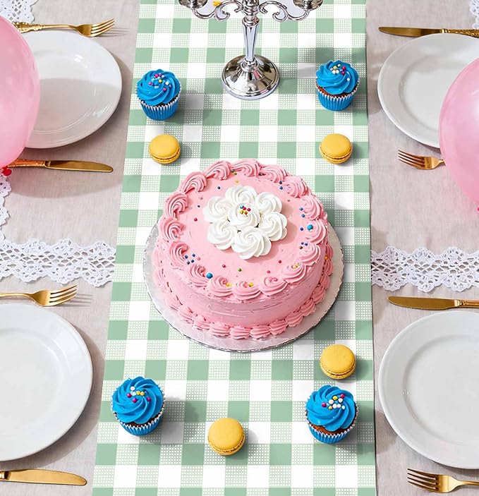 12 Pcs Sage Green and White Checkered Table Runner Plastic 14 x 108 Disposable Sage Green Gingham Table Runner for Birthday Wedding Baby Shower Party Table Centerpiece Decorations