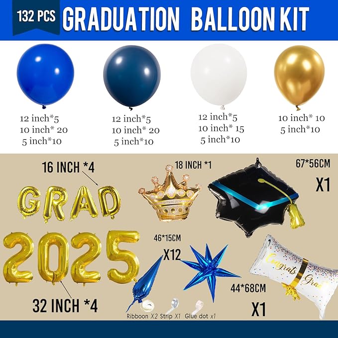Blue Themed Graduation Balloon Garland Arch Kit with foil Balloons for High School College students graduate class of 2025 Prom Congrats Party Decorations Backdrop (Blue white gold)