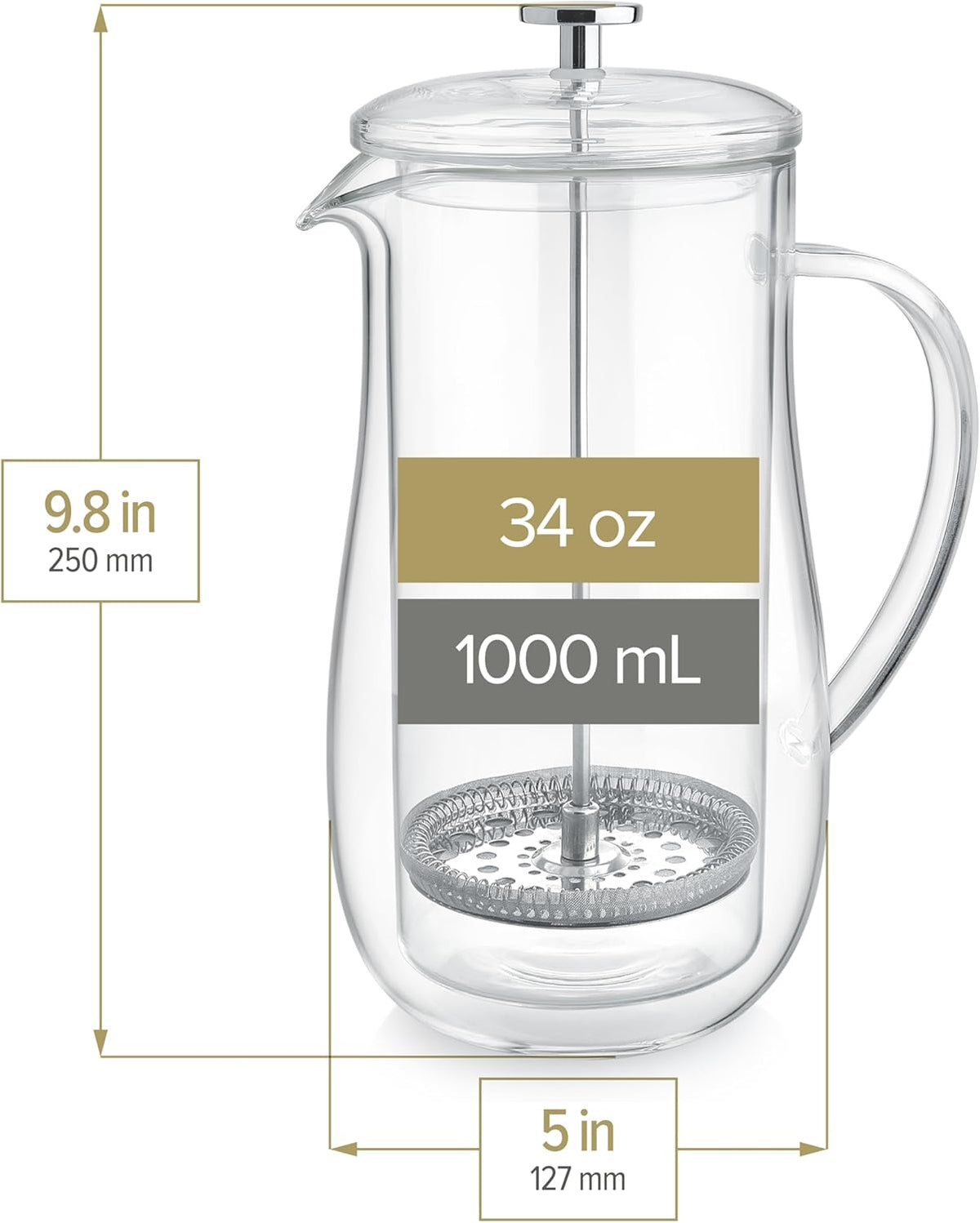 Teabloom Insulated Double-Walled Glass French Press – 100% Plastic-Free Tea & Coffee Press for Pure, Rich Flavor, 34 oz Precision Brewer